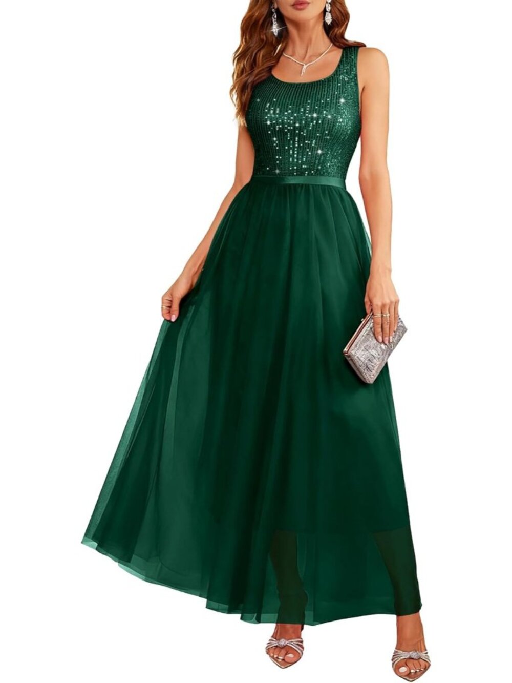 Women's Long DarkGreen A LINE Sequin Silhouette Shimmer Mesh Cocktail Maxi Dress
